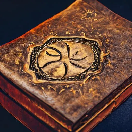 Prompt: An ancient manuscript bound in leather and a magical symbol on the front