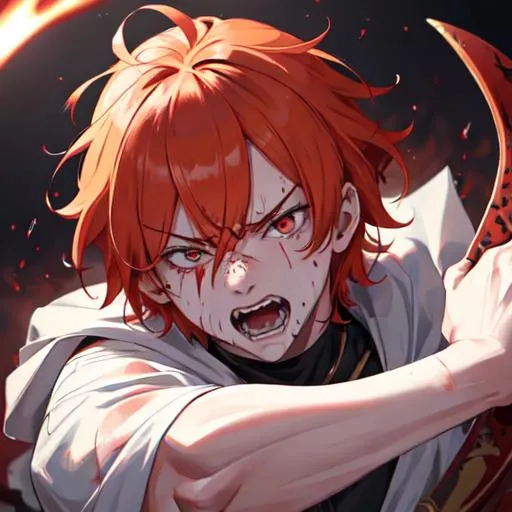 Prompt: Erikku male adult (short ginger hair, freckles, right eye blue left eye purple) UHD, 8K, Highly detailed, insane detail, best quality, high quality, covered in blood, covering his face with his hand, wide eyes, insane, fear, threatening, laughing, angry, fighting, psychopathic, anime style,