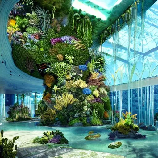 Prompt: Indoor ocean, overgrown, golden columns, plants and greenery, ocean cave, moon pool, coral reef, very tall ceilings, multiple stories