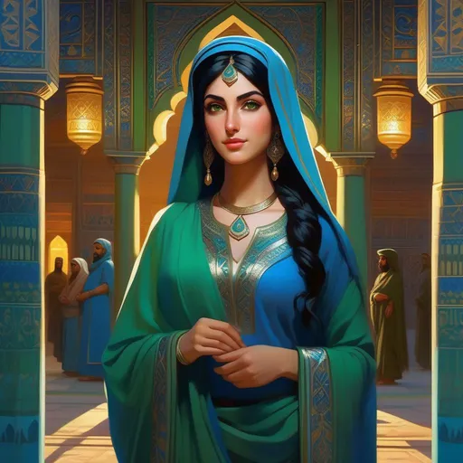 Prompt: Third person, gameplay, ancient Iranian girl, pale olive skin, black hair, green eyes, blue atmosphere, Persepolis at night, cartoony style, extremely detailed painting by Greg Rutkowski and by Henry Justice Ford and by Steve Henderson 