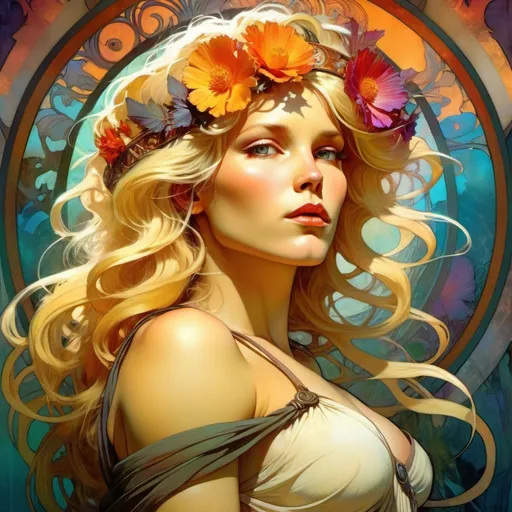 Prompt: Blond, Goddess, in Simon Bisley style, dramatic lighting