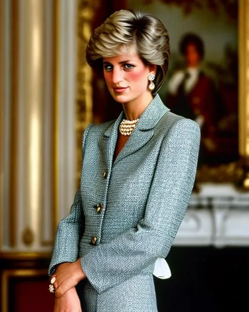 Prompt: Princess Diana's self-portrait embodies her sophisticated fashion sense. She poses in a chic, tailored outfit, exuding a sense of effortless style. The image is shot with a Sony Alpha 1 using a portrait lens, capturing her stunning beauty and capturing every intricate detail of her impeccable ensemble.