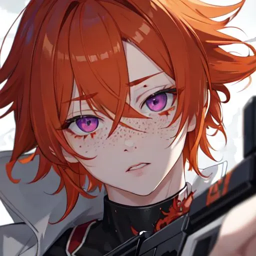 Prompt: Erikku male adult (short ginger hair, freckles, right eye blue left eye purple) UHD Highly detailed, insane detail, anime style, covered in blood, psychotic, pointing a shotgun straight at the camera