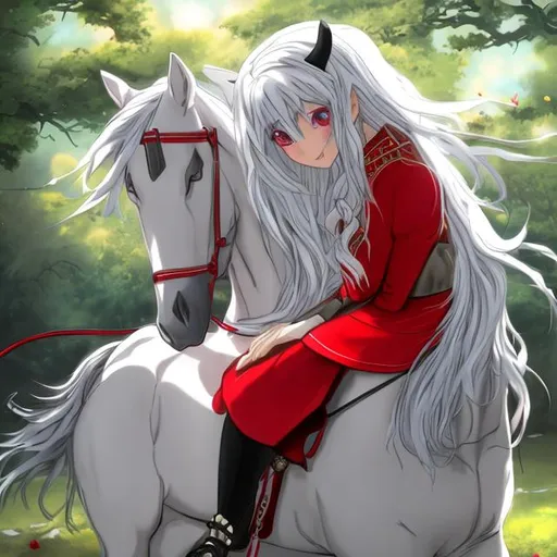 Prompt: an anime young girl in the redhat and redcoat sits on the black horse. White hair and red eyes 