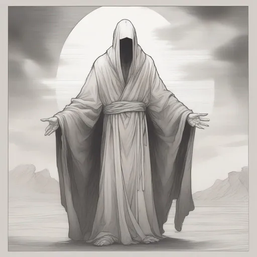 Prompt: Faceless robed god. Standing tall, high above the land. His body hairless and featureless. The robes on his body were loose. His body partially undressed