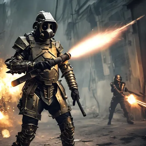 Prompt: Man wearing a metal gas mask, wearing makeshift armor, holding a makeshift axe made of scrap metal. Fighting a soldier wearing high tech armor and wielding high tech weapons.