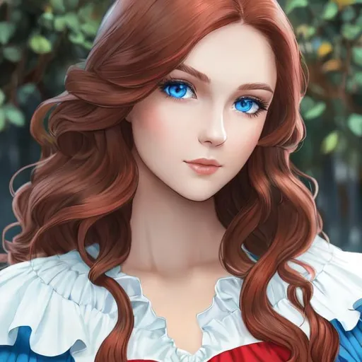 Prompt: A young woman with an ivory complexion, red wavy shoulder-length hair, and large blue eyes,