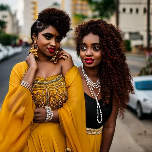 Prompt: Black wealthy woman in yellow dress and red tight curly hair bejeweled in pearls  standing on street 