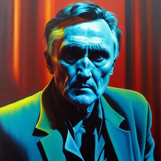 Prompt: A neon color schemed Ken Price style oil painting of Dennis Hopper in Blue Velvet