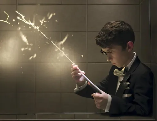 Prompt: 13 year old boy in a tuxedo casting a magic spell on someone inside a bathroom stall from the outside of the stall with a magic wand. Don’t show the person inside the stall. Only show the boy in his tuxedo casting the magic spell with his wand, and the bathroom stall with magic spewing everywhere out of the top