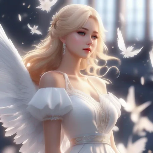 Prompt: 3d anime woman angelic blonde hair and white dress and beautiful pretty art 4k full HD