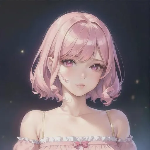 Prompt: (masterpiece, illustration, best quality:1.2), short trimmed blur hair, angelic like, pink eyes, wearing pink silky nightgown, best quality face, best quality, best quality skin, best quality eyes, best quality lips, ultra-detailed eyes, ultra-detailed hair, ultra-detailed, illustration, colorful, soft glow, 1 girl