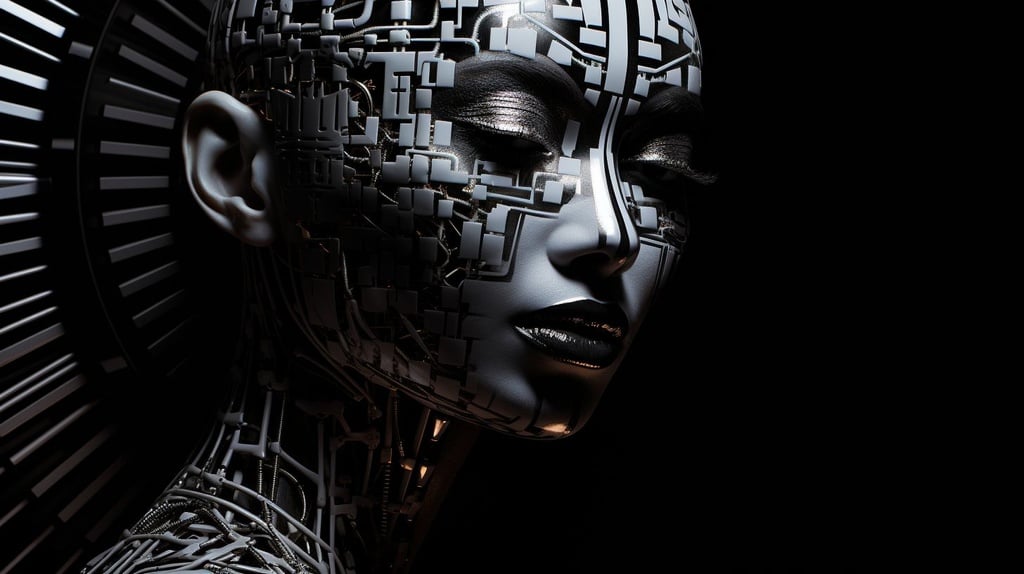 Prompt: artificial face made of linear patterns with woman and clock on background, in the style of dark silver and black, detailed hyperrealism, afrofuturism, paint dripping technique, peter coulson, luminous 3d objects, kinuko y. craft