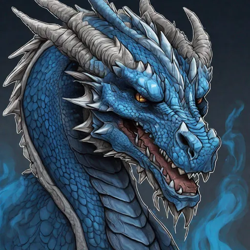 Prompt: Concept design of a dragon. Dragon head portrait. Coloring in the dragon is predominantly dark gray with bright blue streaks and details present.