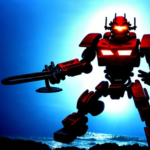 Prompt: Bionicle, ocean, backlight, grey, white, red, blue, black