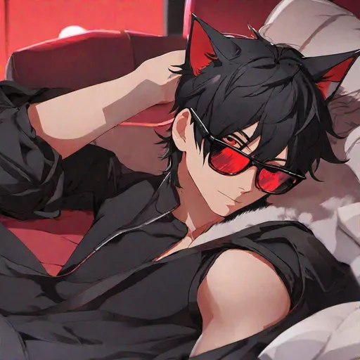 Prompt: Midnight Male, short side swept black hair with red highlights covering his right eye, full body, cat ears, cat tail, shirtless, wearing sunglasses, 4k, HD