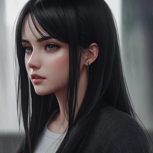 Prompt: Raining outside, casual clothes, long hair, masterpiece, best quality, CG, wallpaper, HDR, high quality, ultra detailed face, cinematic,high detail, 8k, raw, high, artstation HQ, unreal engine, octane renderer, 4k resolution,hyperrealistic, highly detailed