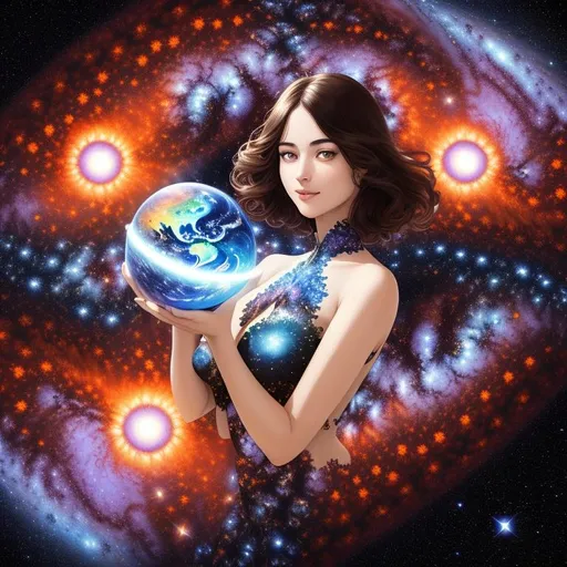 Prompt: A julia mandelbrot clusters fractal galaxy with brown and blue tones with a bright sun and small planet earth in the foreground, ethereal (luminous woman), full body, perfect eyelashes, stunning eyes, extraordinary lips, phenomenal nose, marvelous smile, incredible eyebrows, cleavage, highly detailed face, hyper-realistic facial features, cinematic 3d volumetric, fantasy, intricate, highly-detailed, elegant, dramatic lighting, gorgeous face, lifelike, photorealistic face, long curl multicolored beaming voronoi clusters fractal hair, long luxurious lace gown, digital painting, artstation, illustration, concept art, smooth, sharp focus, art by Jude Palencar, Luis Royo, John Collier and Albert Aublet and Krenz Cushart and Artem Demura and Alphonse Mucha, highly detailed painting, looking at viewer, portrait, photography, detailed skin, realistic, photo-realistic, 8k, highly detailed, full length frame, High detail