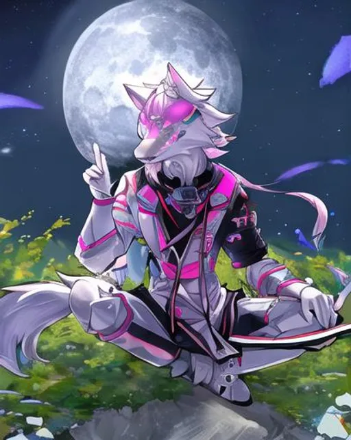 Prompt: Male Humanoid Wolf Head space samurai white and pink