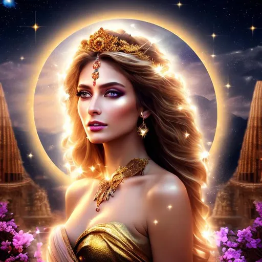 Prompt: HD 4k 3D 8k professional modeling photo hyper realistic beautiful leader woman ethereal greek goddess of falling stars
gold hair hazel eyes gorgeous face brown skin shimmering gold robes with gems jewelry and star tiara full body surrounded by magical glowing divine starlight hd landscape background falling stars in a temple