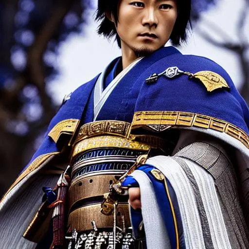 Prompt: Young Hiroyuki Sanada as a Samurai Photorealistic Overdetailed Portrait, Well Detailed face, Blue and White Robes and Armor, Black hair, Detailed Hands, Detailed Twilight Background, Intricately Detailed, Award Winning, Photograph, Film Quality.