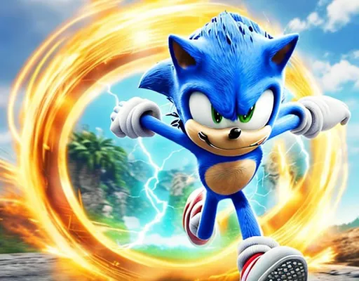 Prompt: sonic corriendo con rayos supersonicos y con el logo de la pelicula