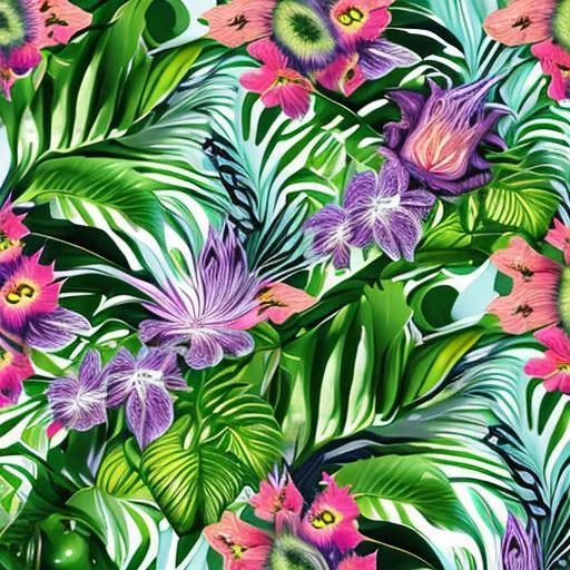 psychedelic creatures hiding in tropical flowers, le... | OpenArt