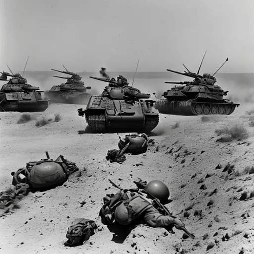 Prompt: Battle of El Alamein 1942 Tank Charge Amidst Artillery Barrage and Trenches