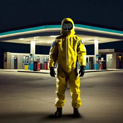 Prompt: Guy in a hazmat suit standing at an empty gas station at night