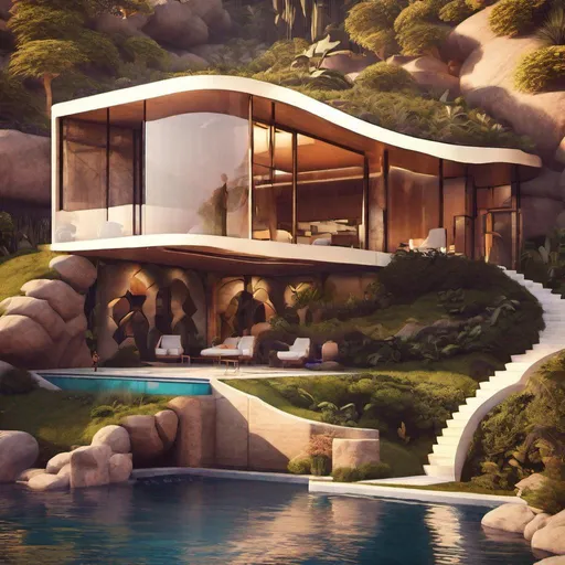 Prompt: stunning mansion build into a natural hill by charles eames, 2023 industrial design trends, organic shapes, oasis, paradise, beautiful river and waterfalls, paradise sunset, stunning landscaping, beautiful colors, sf, intricate artwork masterpiece, ominous, matte painting movie poster, golden ratio, trending on cgsociety, intricate, epic, trending on artstation, by artgerm, h. r. giger and beksinski, highly detailed, vibrant, production cinematic character render, ultra high quality model