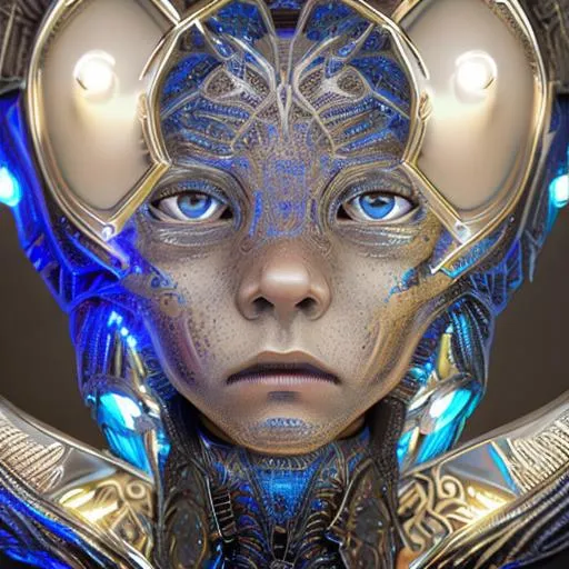 Prompt: intricate Art deco metal boy kid, sparkling blue eyes, blonde hair, metal, color, dimples, ornate, intricate, flowing, neon, led, fractals, hyper-detailed, 64K, UHD, HDR, unreal engine, vivid colors