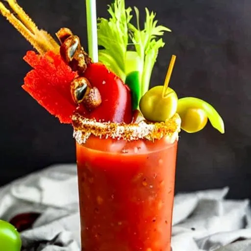 Prompt: A bloody Mary with extravagant garnish