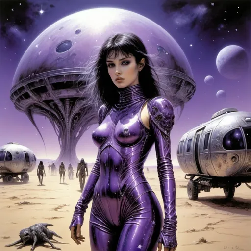 Prompt: dystopian style. Luis Royo. dark-haired girl in a mirrored purple spacesuit.  in the background: a fantastic caravan of alien animals and drivers walking through a sandy desert in another world. purple light, bright stars. very detailed