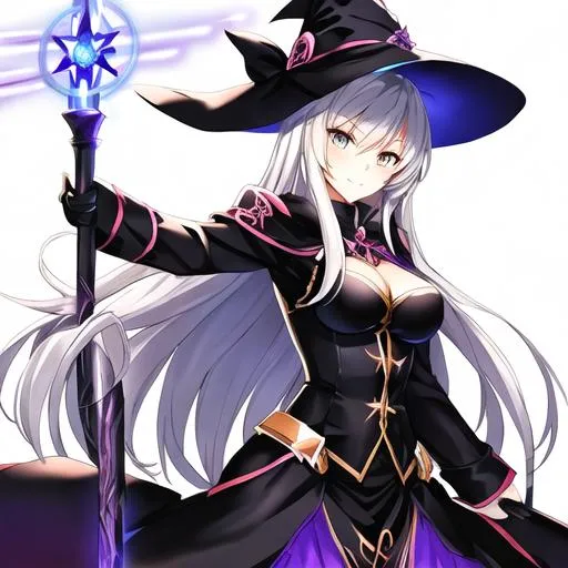 Prompt: female witch with long silver hair, with light eyes, holding a black cat, fantasy background, dynamic pose,  holding a staff