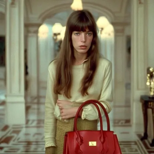 Prompt: Highest quality picture of a young Jane Birkin in a Wes Anderson Movie wearing the Birkin Hermes bag 
