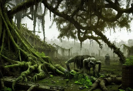 Prompt: humanoid ghoul creature, eerie mutant, decaying, rotten skin, ragged clothes, dirt, multilayered,, old apocalyptic city wasteland overgrown by oppressive huge forest, vines, plants and roots growing, cracking through walls, 3d render,  high detail,