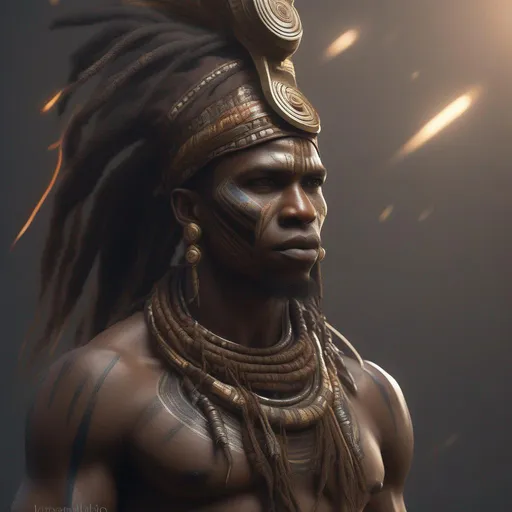 Prompt: a African tribal lightning god, body art, armor,  concept art, orientalist, full body, dynamic, pose,  insane detail, detailed, worn, cinematic, hyper realism, realistic proportions, dramatic lighting, high detail 4 k, artstation