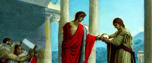 Prompt: ancient bearer of gifts, giving a gift in historic times of ancient greece
