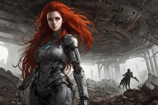 Prompt: female cyborg in ruins underground, post-apocalyptic, steve argyle, red hair, long wavy hair, grey eyes, metal body, curvy,  detailed face, 4k, high fidelity
