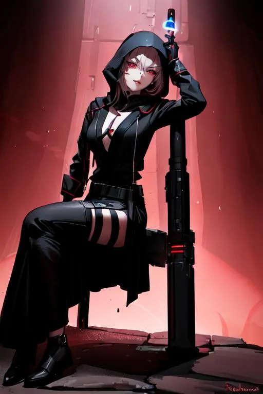 Prompt: lushill style, very cute female wearing a black hood with a slight facial scar, a lightsaber on her belt, red glow, anime style, comics style, soft skin, soft color, high light, scifi, technology, mechanism, eyes on camera, looking to camera, art by rossdraws