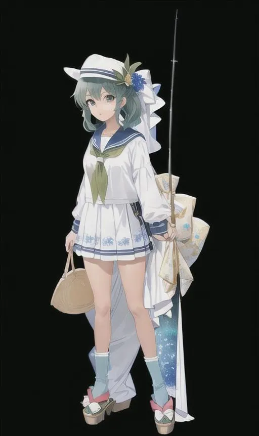 Prompt: anime opening Full-body detailed masterpiece, fantasy, high-res, quality upscaled image, perfect composition, blue moonlight background. An unbelievably beautiful and cheerful woman who loves fishing. She has olive green hair and a tan skin tone. She wears a hat decorated with flowers. She has a sailor's outfit and carries a fishing rod.