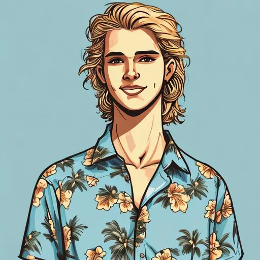 Prompt: Comic book illustration, young man, blond wavy hair, tall, relaxed, skinny, blue Hawaiian shirt