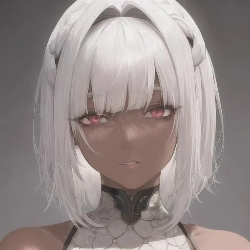 Prompt: "A close-up photo of a gorgeous short pure white haired woman, predator like eyes, in hyperrealistic detail, with a slight hint of loneliness in her eyes. Brown skin. Her face is the center of attention, with a sense of allure and mystery that draws the viewer in, but her eyes are also slightly downcast, as if a sense of loneliness is lingering in her thoughts. The detailing of her face is stunning, with every pore, freckle, and line rendered in vivid detail, but the image also captures the subtle emotions of loneliness that might lie beneath her surface."