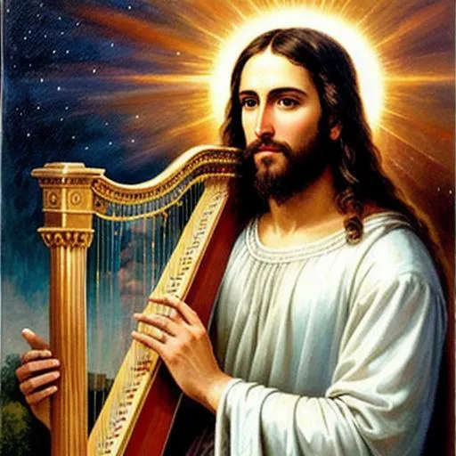 Prompt: Jesus Christ playing the harp in the heavens, beautiful, heavenly, best art, oil painting, detailed