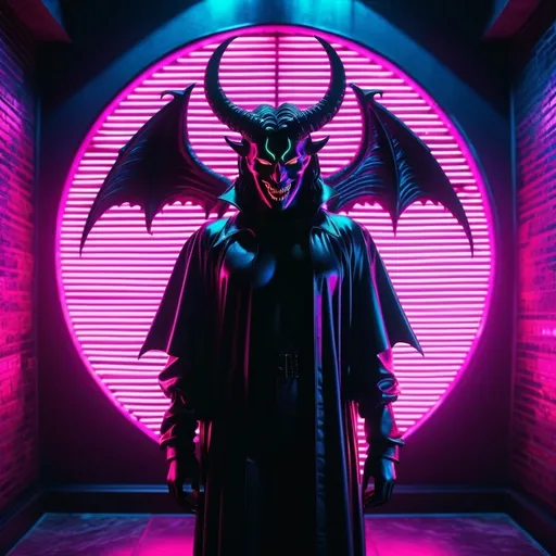 Prompt: demon, hell, demonic, gothic, vaporwave, retro, neon, aesthetic, liminal, high quality, high definition, beautiful, dramatic lighting