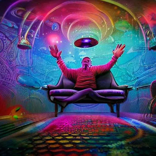 man sitting on his couch as his head explodes into a... OpenArt