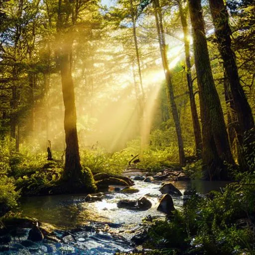 Prompt: Forest with wild river and sunbeams