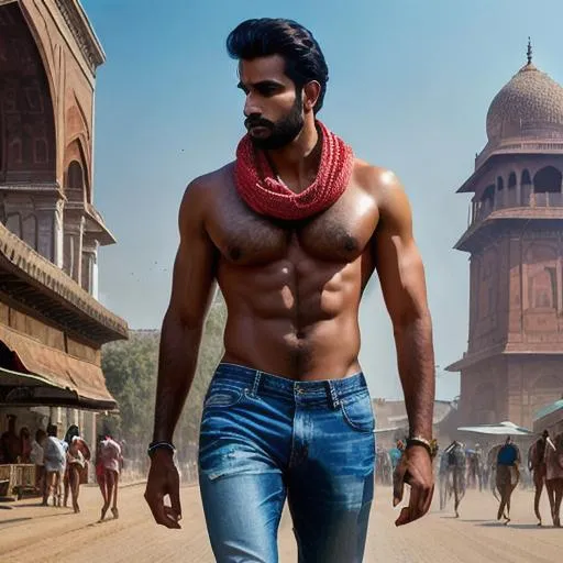 Prompt: scene of full body hyperreal tall "sensual" delhi hunk with beautiful face, delhi crossroad, "very sweaty hairy pecs", "jeans", shawl, arena, perfect composition, hyperrealistic, super detailed, 8k, high quality, trending art, trending on artstation, sharp focus, studio photo, intricate details, highly detailed, by greg rutkowski