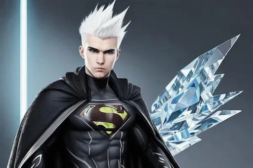 Prompt: JAXER KAZE : Hyper Detailed,  ultra realistic, white hair mohawk male in black tactical tech uniform poncho coat,  IN UNDERGROUND DAZZLING CRYSTAL CITY , superhero cape fight superman