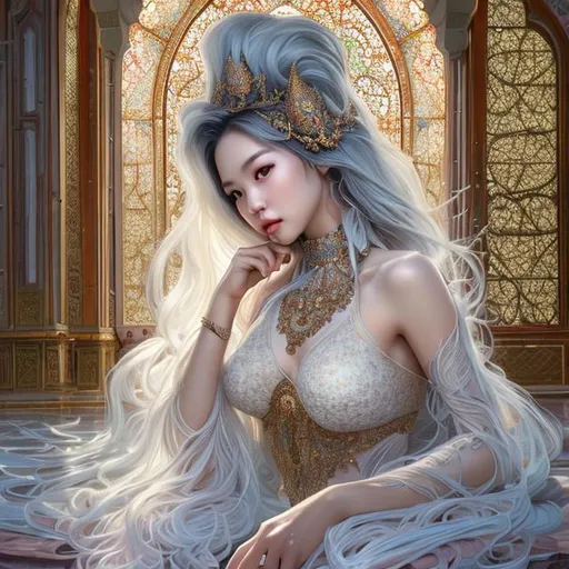 Prompt: , Full body portrait of beautiful korean goddes lie down in a mosque, soaking wet hair, by terry o'neill intricate, white hair, elegant, highly detailed, digital painting, glistening skin, artstation, concept art, smooth, sharp focus, bright lighting, illustration, art by artgerm and greg rutkowski and alphonse mucha, 8 k, lie down, holding dildos, seduced,